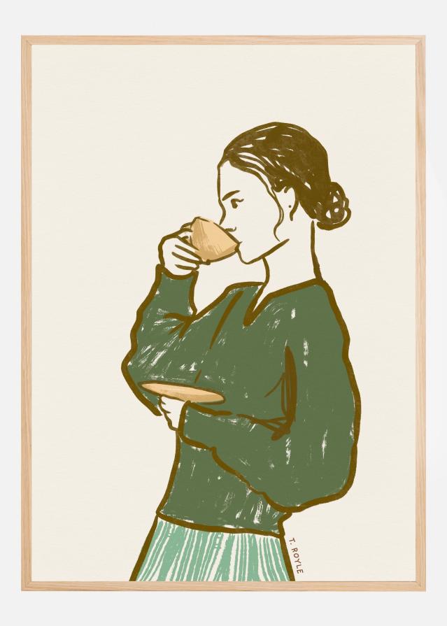 Woman Drinking Tea in Green Plakat