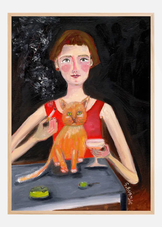 Vintage woman with cocktail and cat Plakat