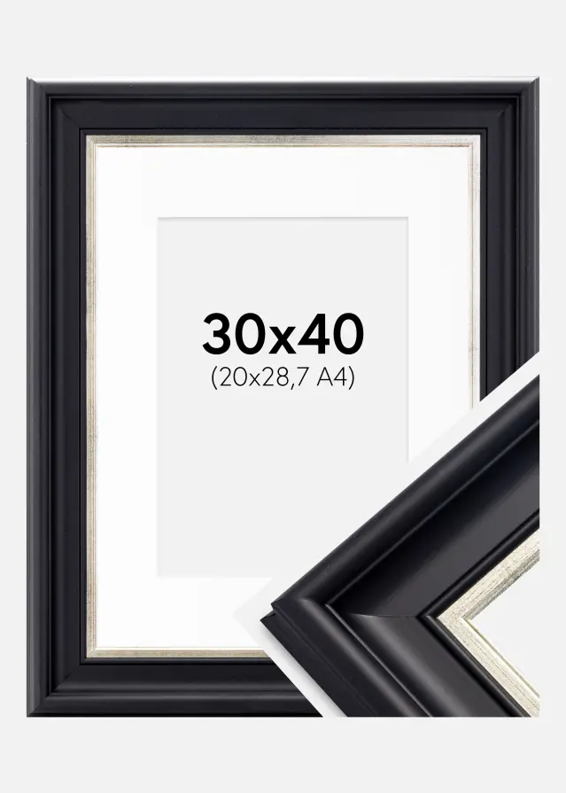 Raam Dalarna mustjas hobedane 30x40 cm - paspartuu valge 21x29,7 cm (A4)