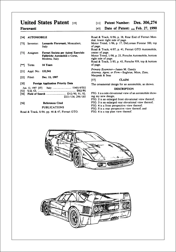 Patenteeritud joonistus - Ferrari F40 sees Plakat