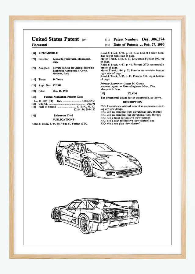 Patenteeritud joonistus - Ferrari F40 sees Plakat