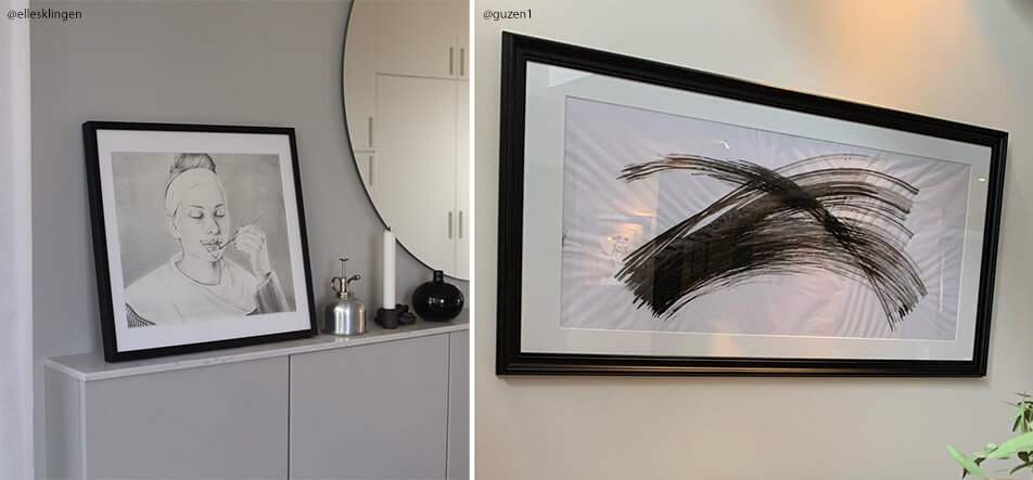 Kaks musta mõõtudega tellitud raami mustvalgete motiividega