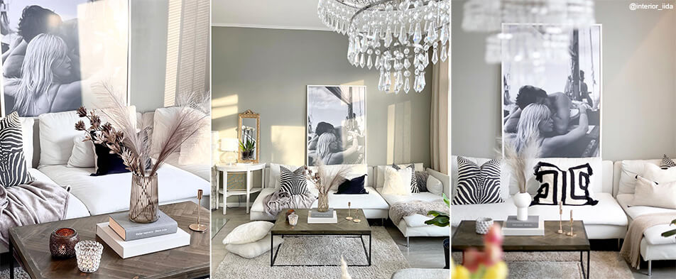 Valge suur pildiraam mustvalge fotoga heledas elutoas