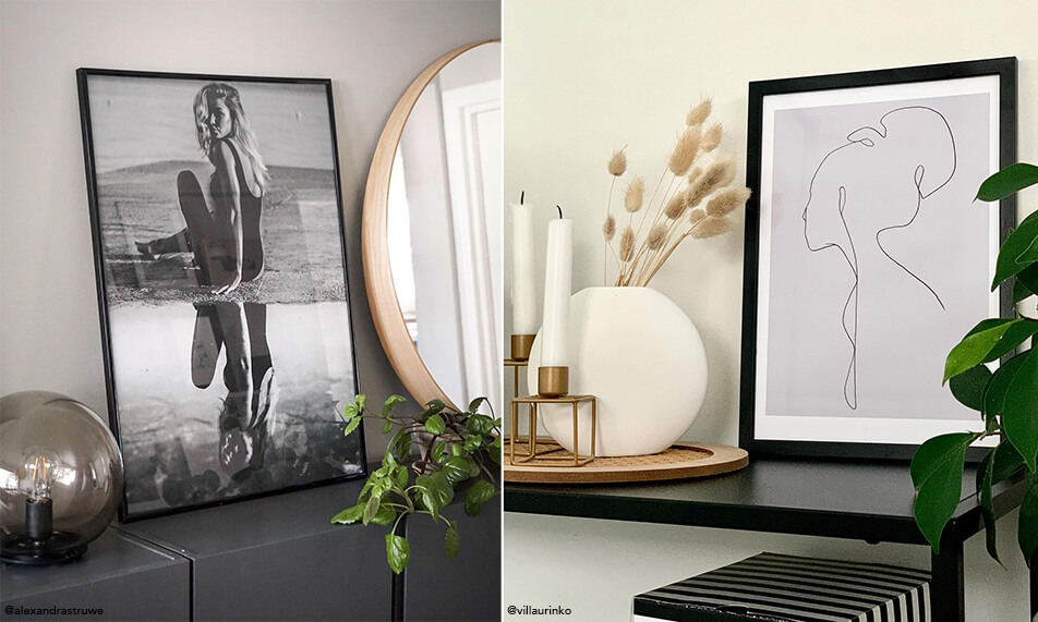 Minimalistlik sisekujundus mustade raamide ja roheliste taimedega