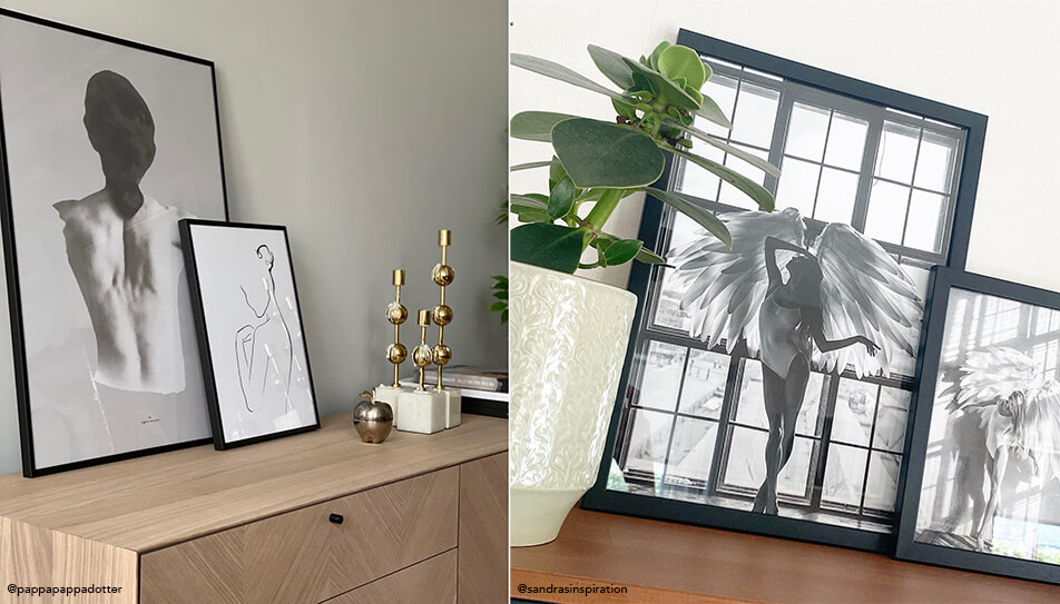 Mustvalged pildid seisavad kummutil